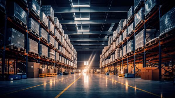 Image of a warehouse looking down an aisle with packages and inventory on either side