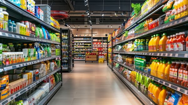 View of multiple store shelves with colorful graphic packaging and branding