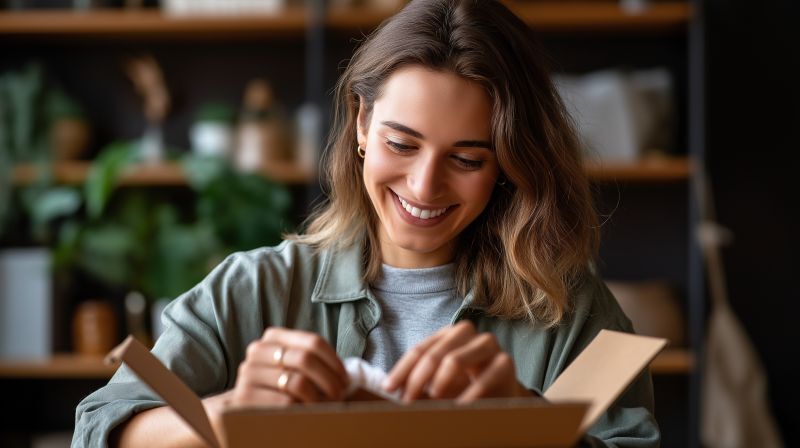 Image of a customer opening up a new customer kit of promotional items