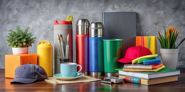 Table of sample promotional products like cups and hates