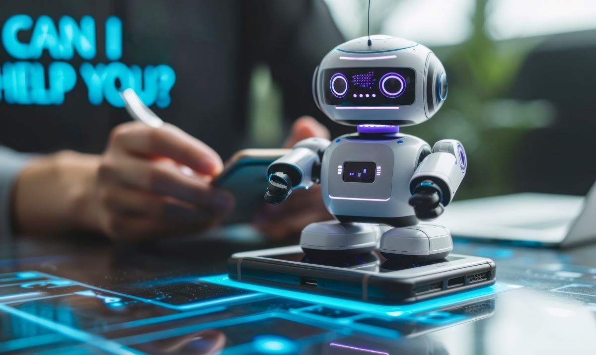 Image of a customer service representative next to a robot that represents AI