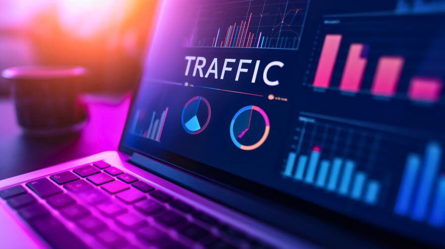 Stylized image of a laptop showing website traffic data